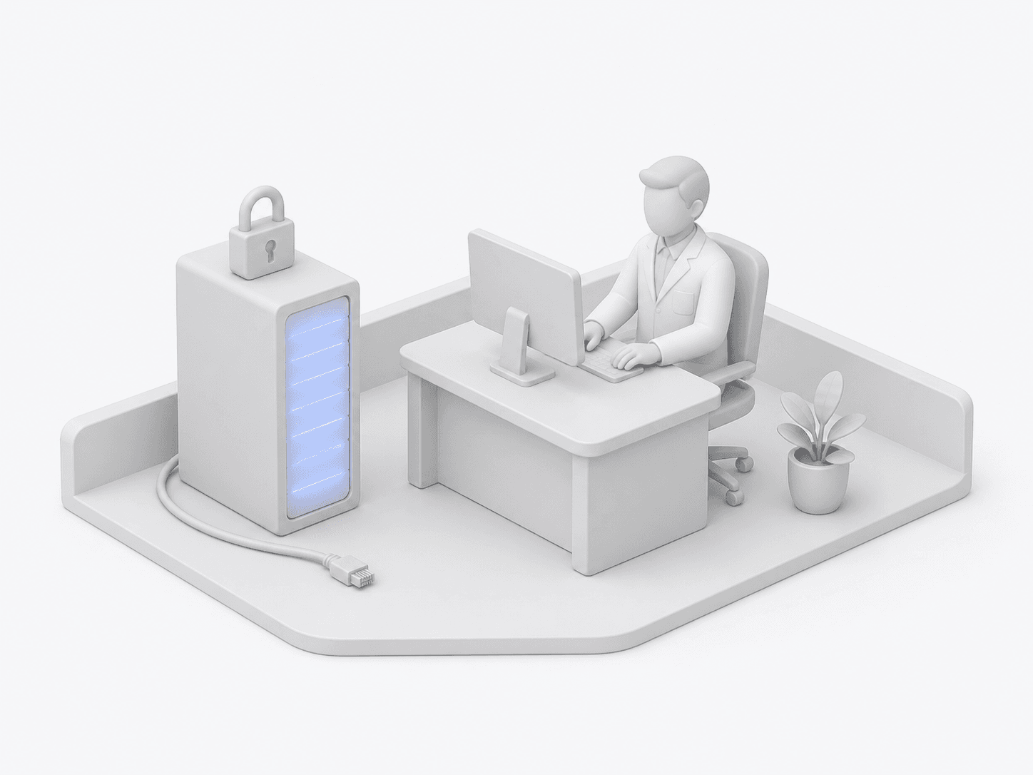 Illustration: Arzt arbeitet am Schreibtisch, daneben steht der KI-Server mit Schloss in der Praxis