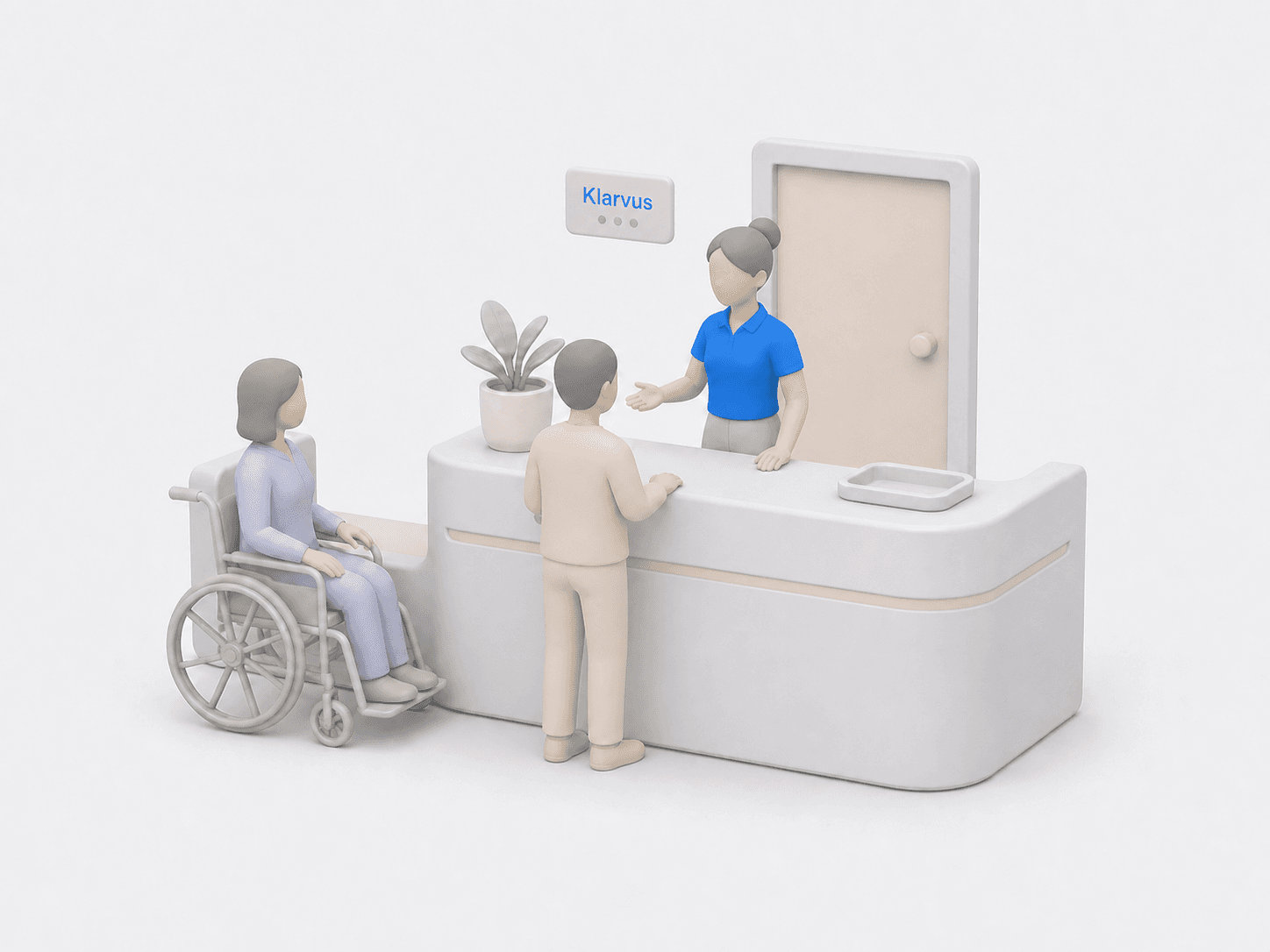 Illustration: Empfangstresen einer Praxis, eine MFA begrüßt zwei Patienten, darüber ein Klarvus-Schild